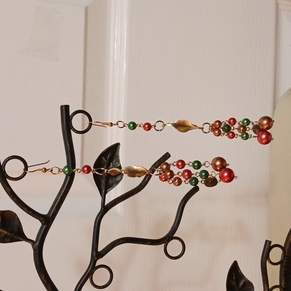 Artist handmade long dangly beads gold green copper pierced earrings 5" - Picture 3 of 7